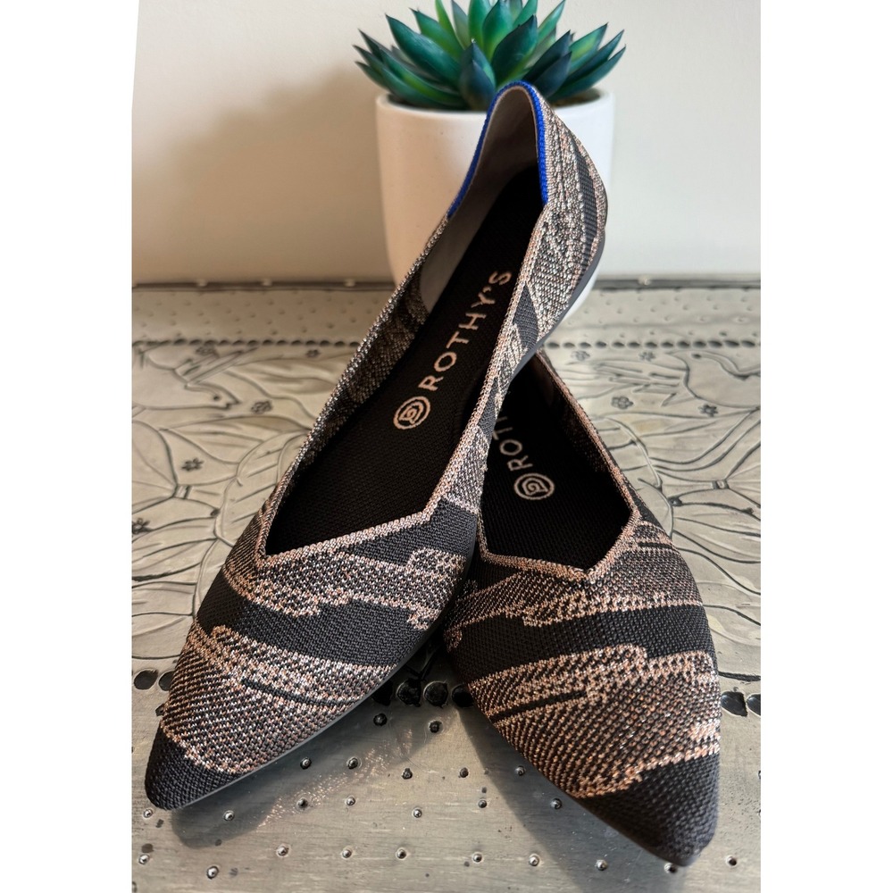 Rothy's Size 9 The Point Golden Shimmer Flats Black Gold Comfy Festive Sparkle